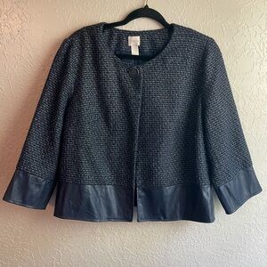 Chico's Navy Textured Blazer with Leather Trim